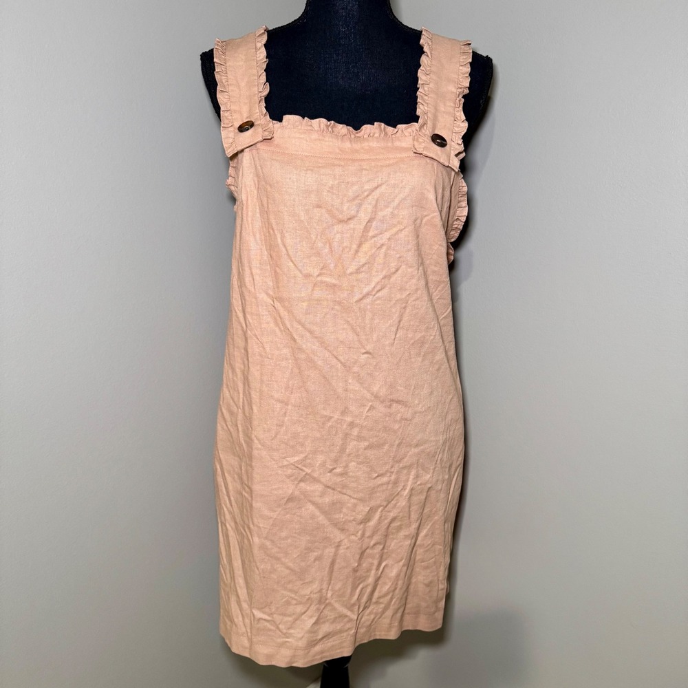 Topshop Women Tan Linen Blend Ruffle Cross Back Pinafore Mini Dress